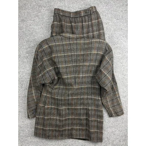 Vintage ESCADA By Margaretha Ley Skirt Suit Womens 36 Brown Plaid Wool Germany - Picture 11 of 11